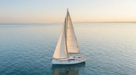 Voilier naviguant par petit vent avec voiles gonflees sur mer calme sous ciel lumineux
