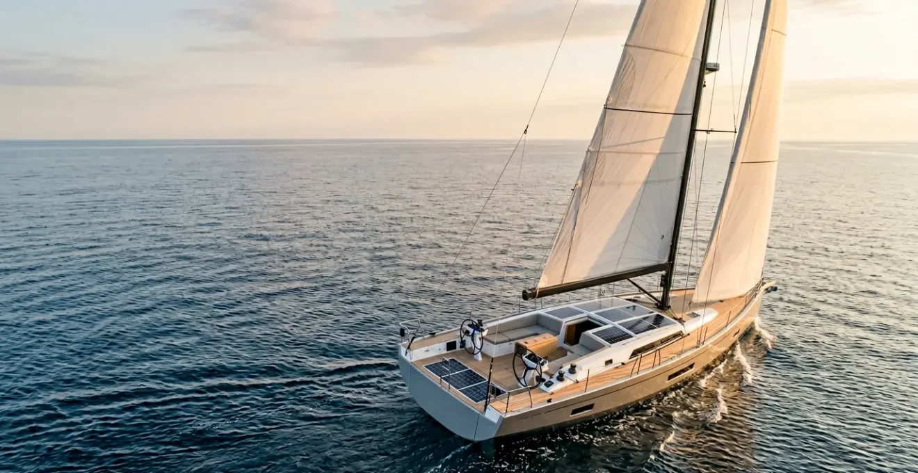 Voilier moderne équipé d'un système de propulsion hybride naviguant en mer