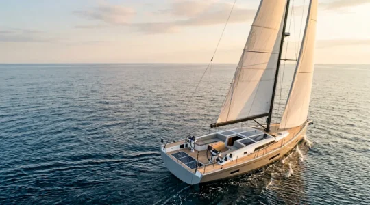 Voilier moderne équipé d'un système de propulsion hybride naviguant en mer