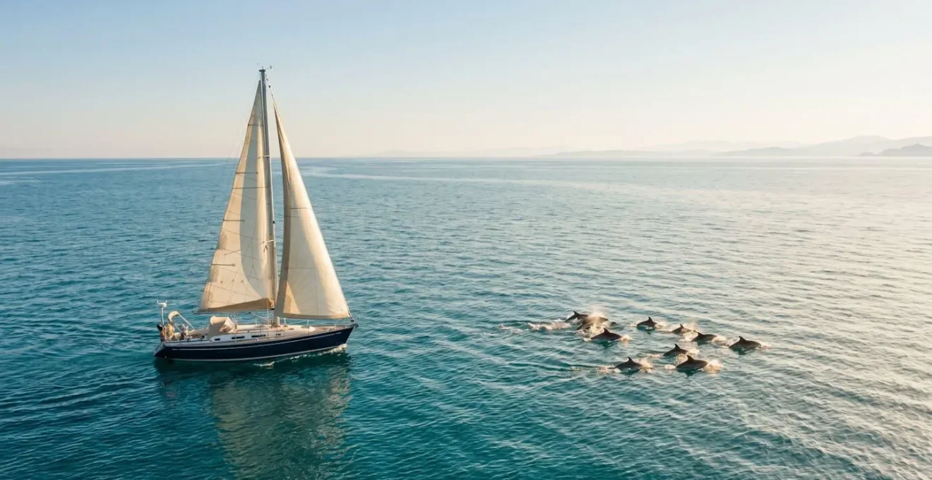 Voilier naviguant en parallèle d'un groupe de dauphins dans une vaste étendue marine