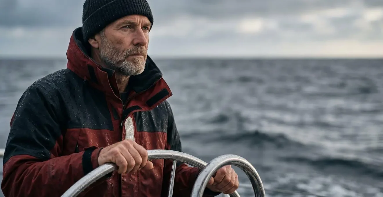 Marin scrutant l'horizon et l'état de la mer depuis le cockpit d'un voilier