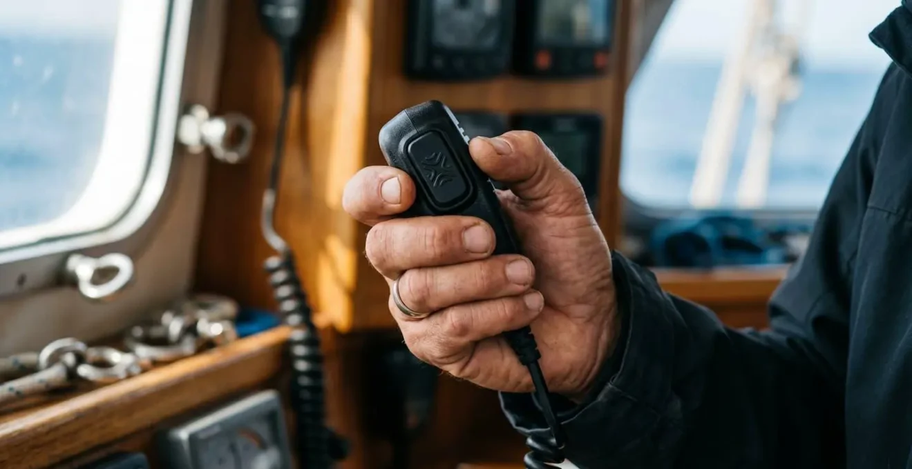 Main de navigateur utilisant correctement le bouton PTT du micro VHF dans cockpit de voilier