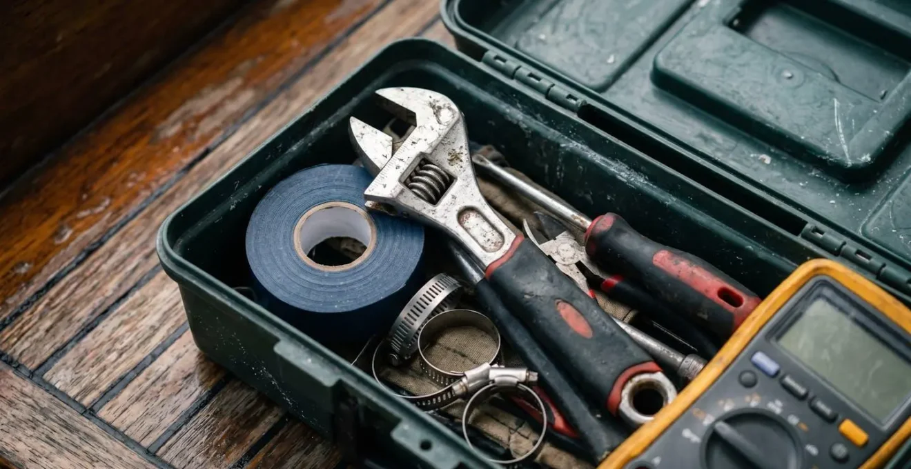 Gros plan sur une caisse à outils marine compacte ouverte avec outils essentiels pour réparations nautiques