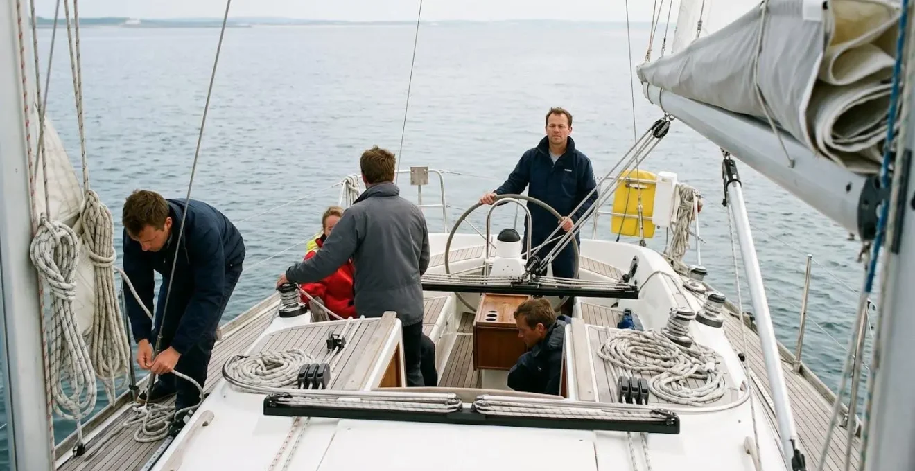 Vue d'ensemble d'un équipage collaborant sur un bateau, chaque membre concentré sur une tâche spécifique