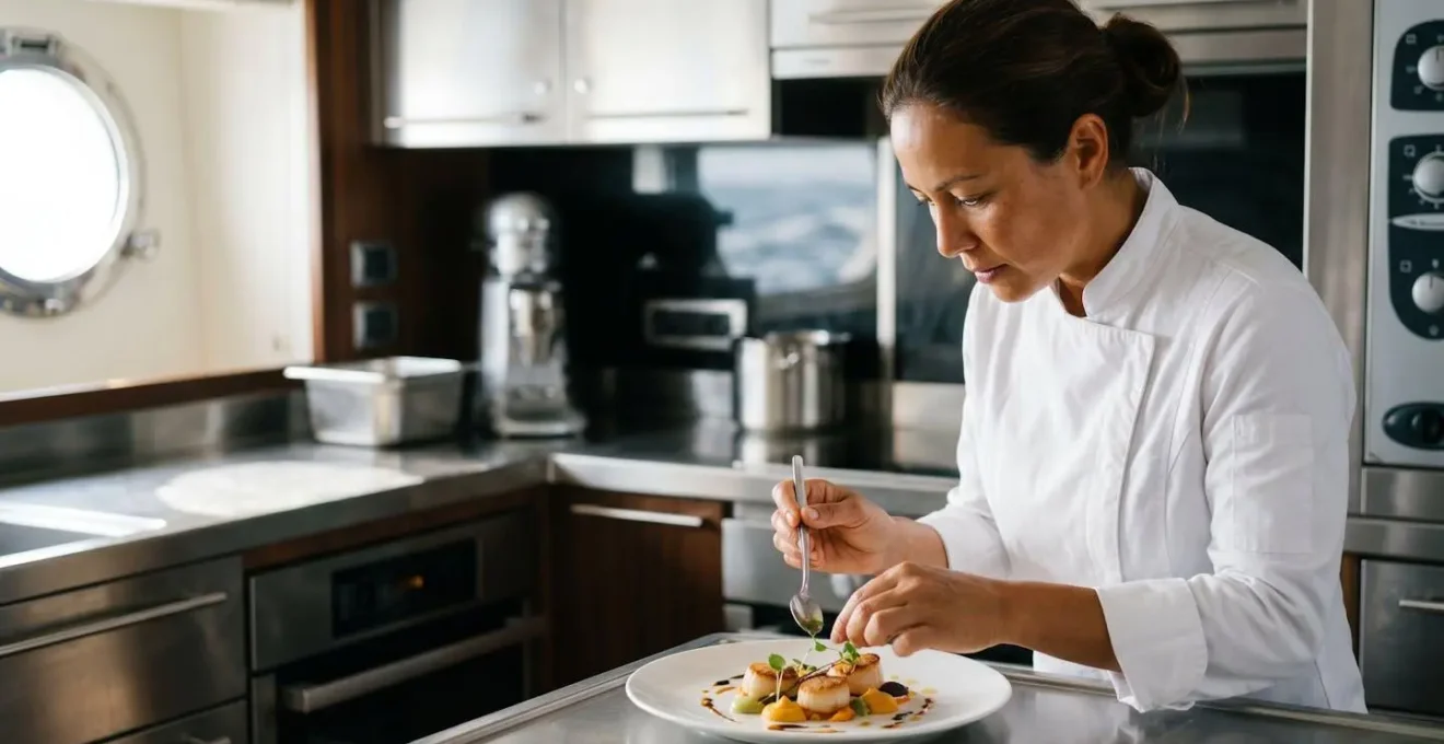 Chef cuisinier professionnel en pleine préparation d'un plat gastronomique dans la cuisine haut de gamme d'un yacht de luxe