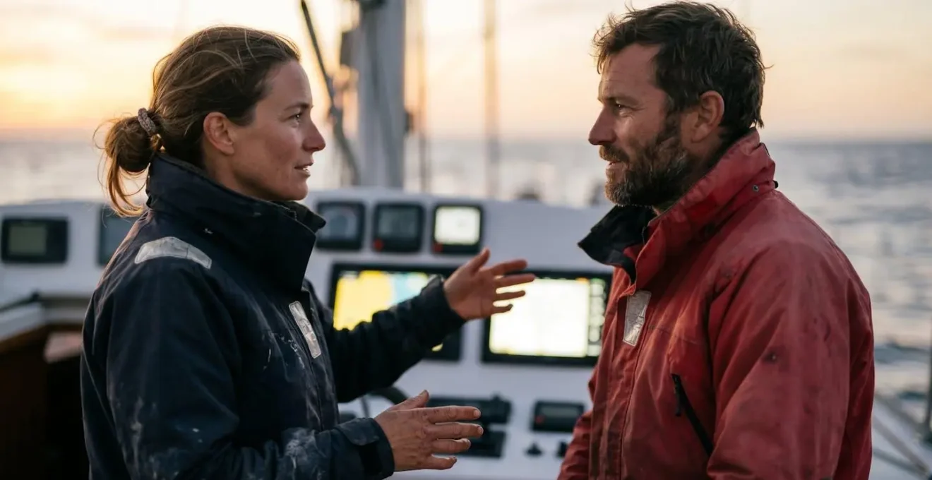 Deux marins en conversation bienveillante dans le cockpit d'un voilier lors d'une passation de quart au coucher du soleil