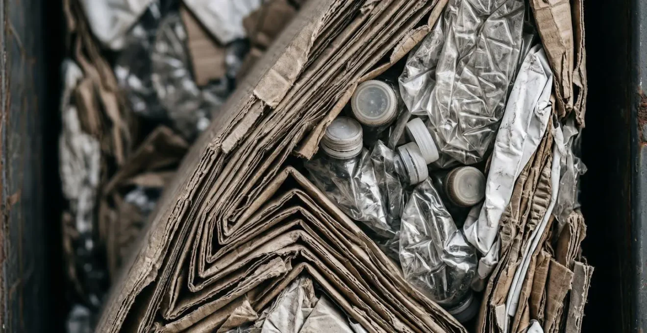 Vue macro sur des bouteilles plastiques compactées et des emballages pliés de manière organisée