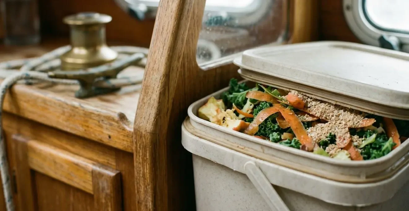 Seau de compostage Bokashi compact installé dans la cuisine d'un voilier