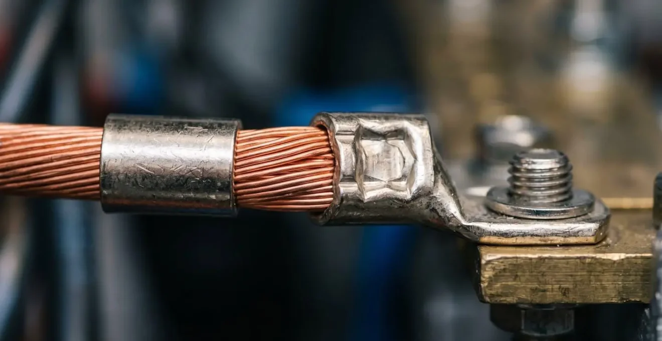 Détail macro d'une connexion électrique haute puissance pour batterie marine