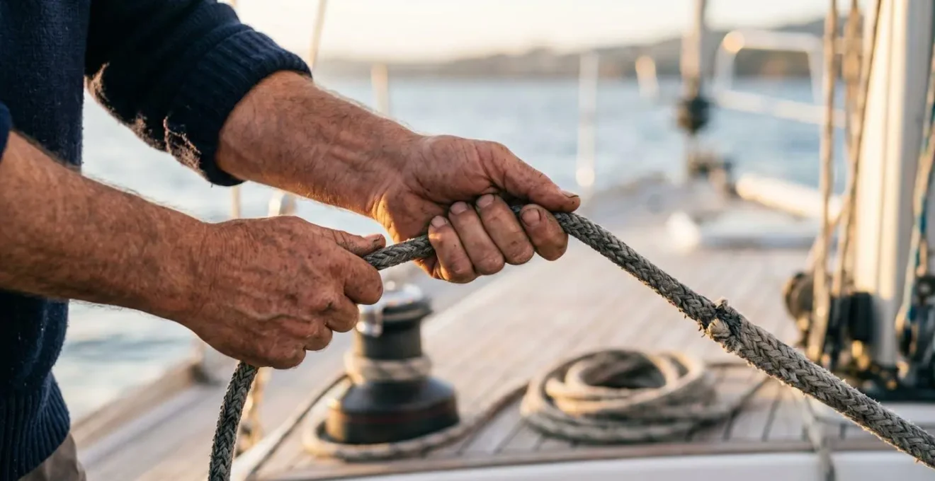 Gros plan sur la texture d'un cordage de drisse nautique haute performance