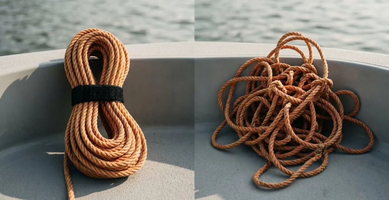 Corde de wakeboard correctement lovée et sécurisée à bord d'une annexe