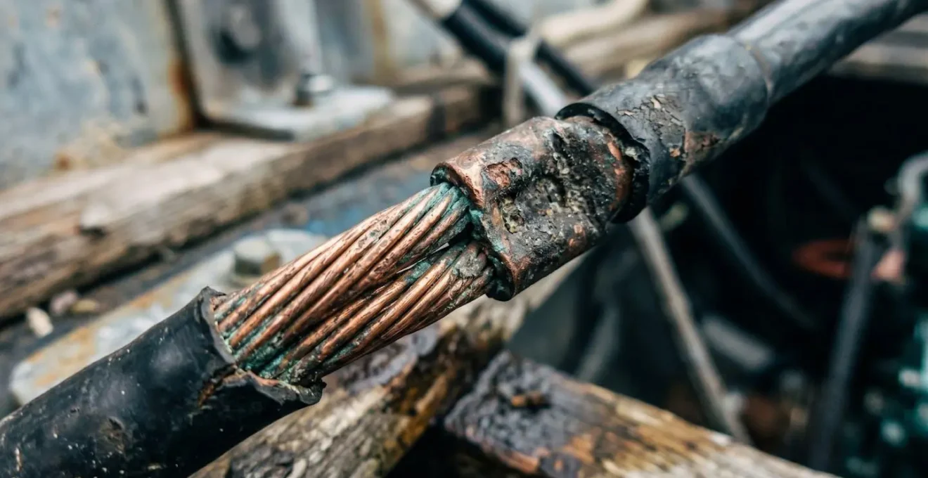 Détail macro d'une connexion électrique marine montrant les signes de corrosion caverneuse