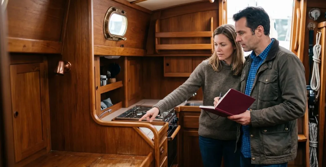 Couple inspectant ensemble l'intérieur d'un voilier avec carnet de notes lors d'une visite d'achat