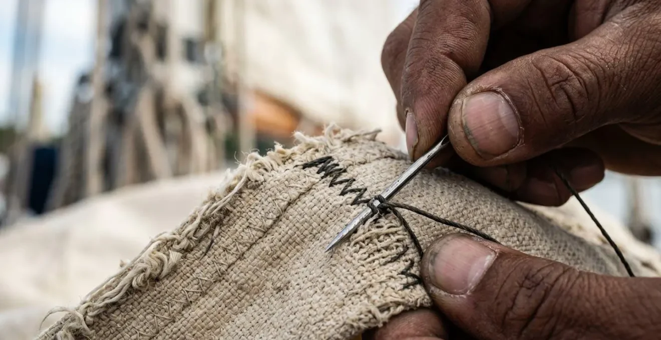 Gros plan sur la réparation artisanale d'une voile illustrant la maintenance durable