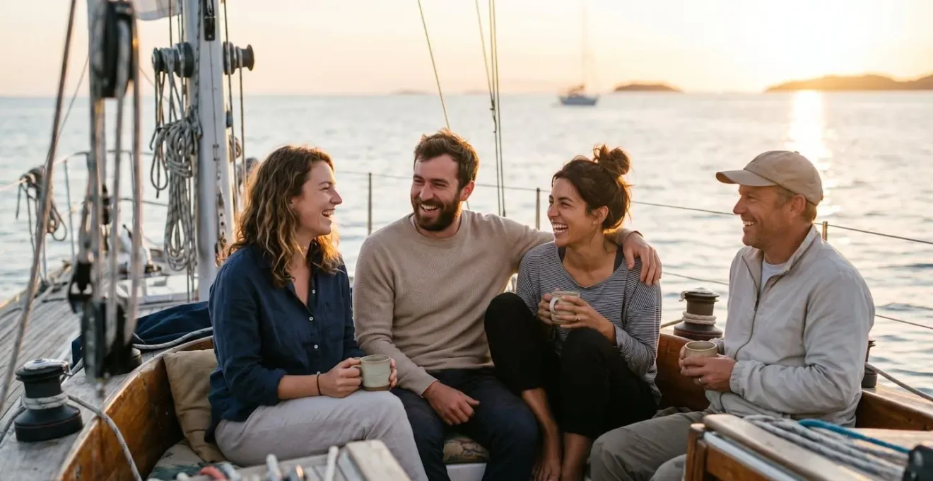 Moment de partage authentique entre membres d'équipage dans le cockpit au coucher du soleil