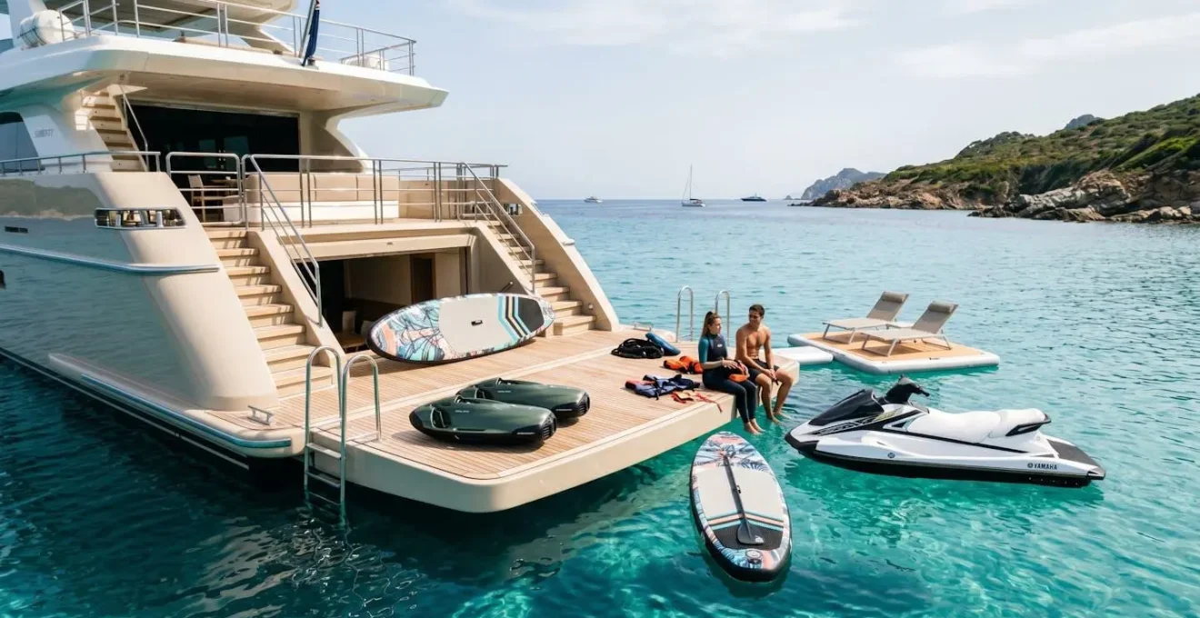 Plateforme arrière d'un yacht avec équipements nautiques haut de gamme disposés de manière organisée sur l'eau turquoise