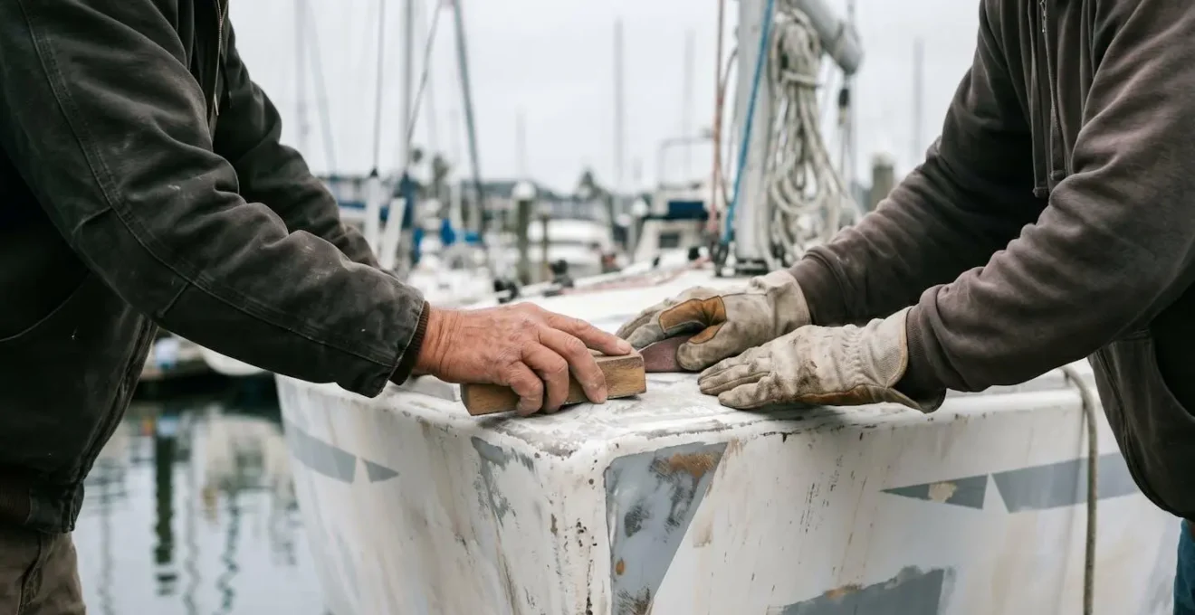 Équipier participant à l'entretien collectif d'un voilier dans un club nautique
