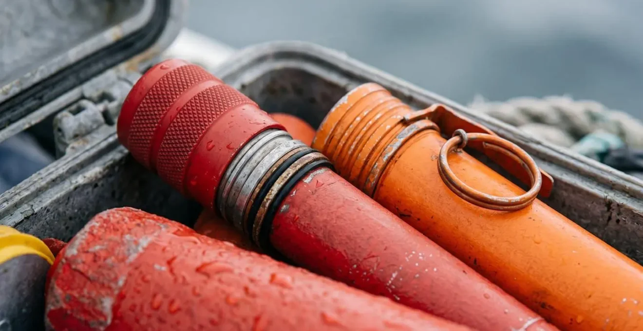 Kit de signaux pyrotechniques de détresse maritime dans leur rangement étanche
