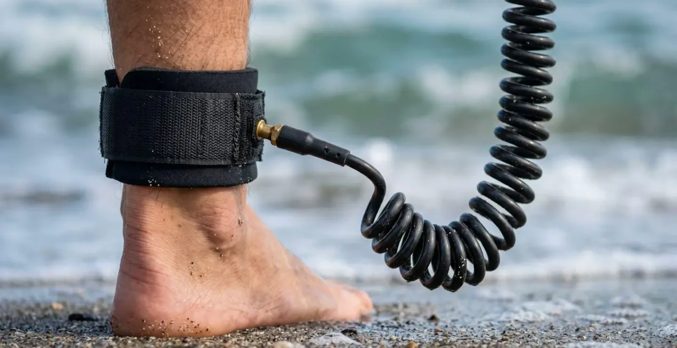 Gros plan sur un leash de paddle enroulé attaché à la cheville d'un pratiquant avec l'océan en arrière-plan flou