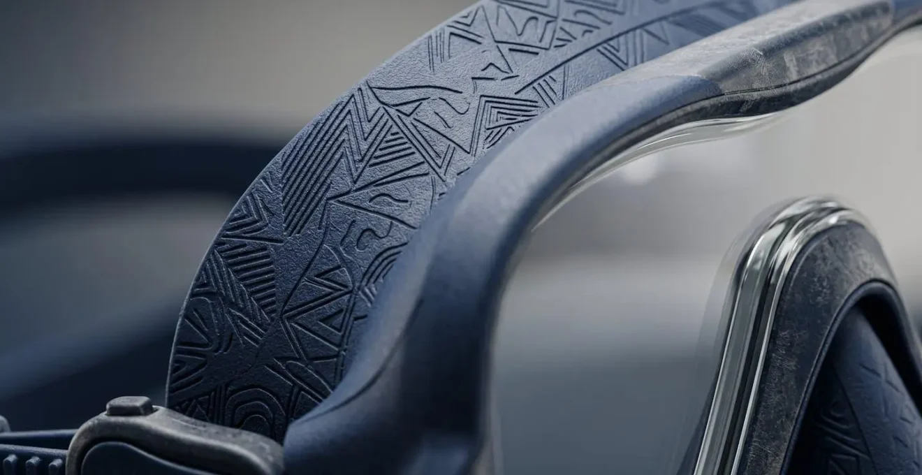 Gros plan macro sur un masque de plongée bi-verre avec verres correcteurs transparents, montrant les détails de la jupe en silicone et du système de fixation optique