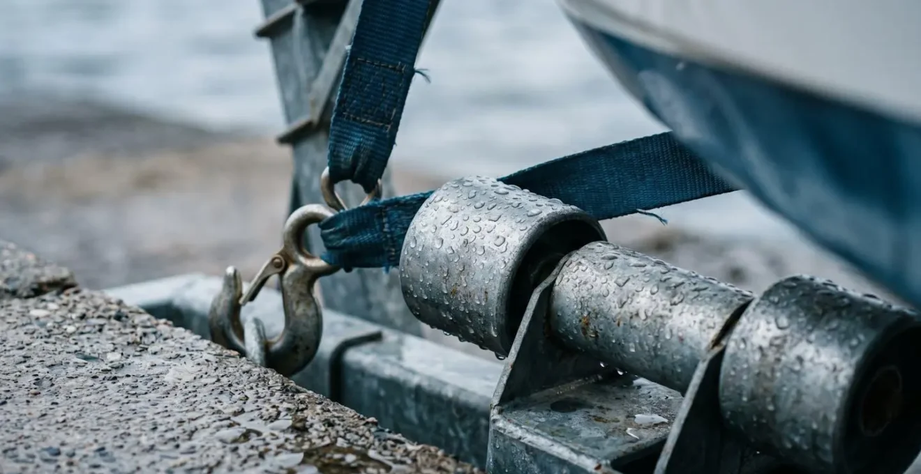 Vue rapprochée d'une remorque de bateau sur une cale de mise à l'eau avec détails des rouleaux et du treuil