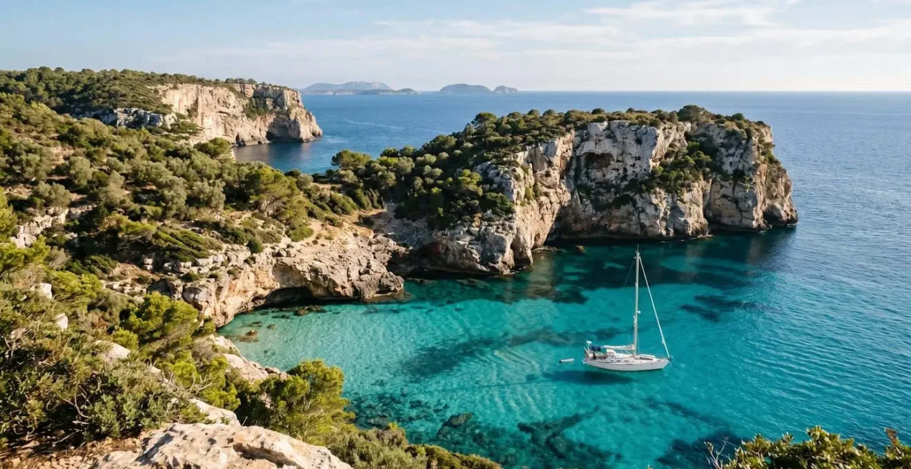 Voilier ancré dans une crique méditerranéenne préservée avec eaux turquoise