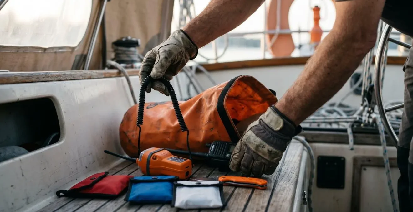 Sac de survie nautique organisé par couches avec équipements critiques visibles