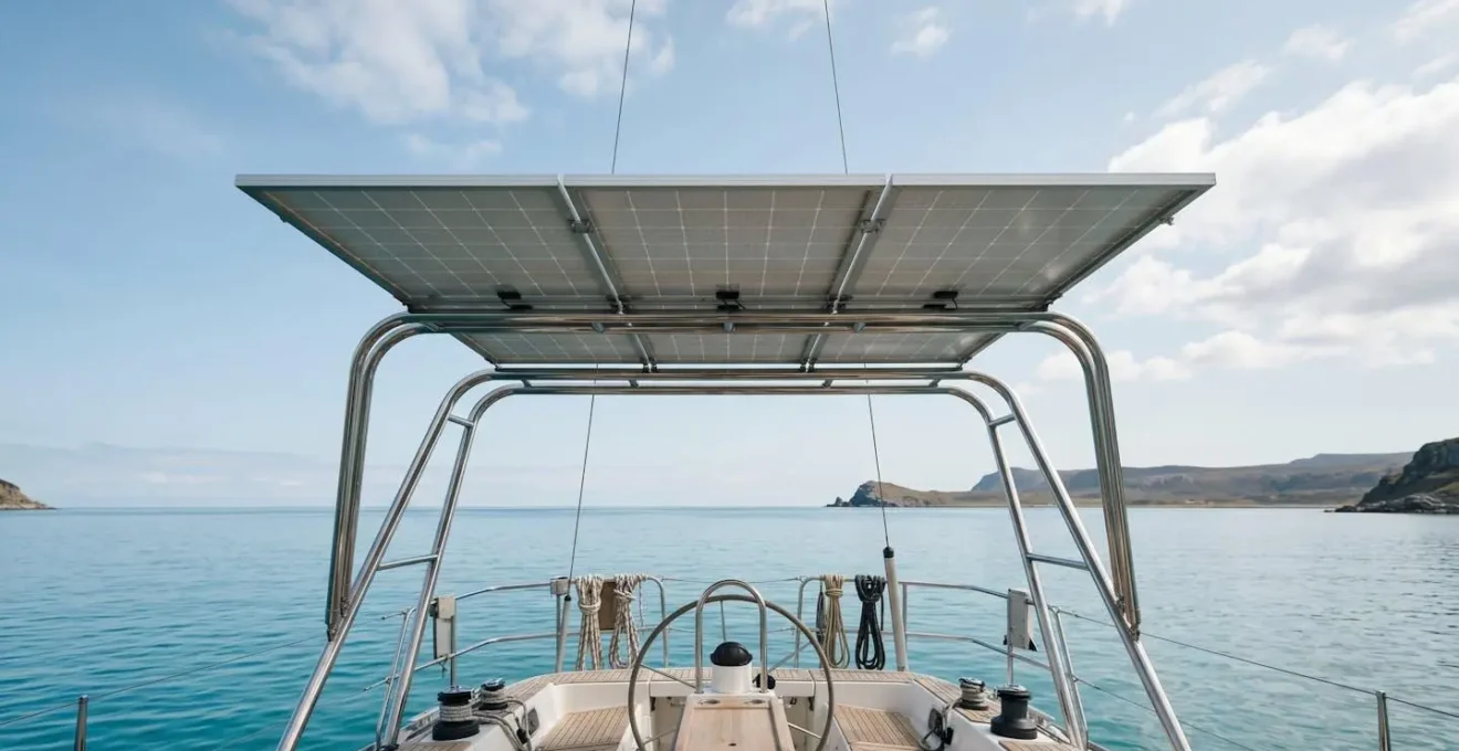 Panneau solaire sur arceau de voilier produisant l'énergie pour le télétravail à bord