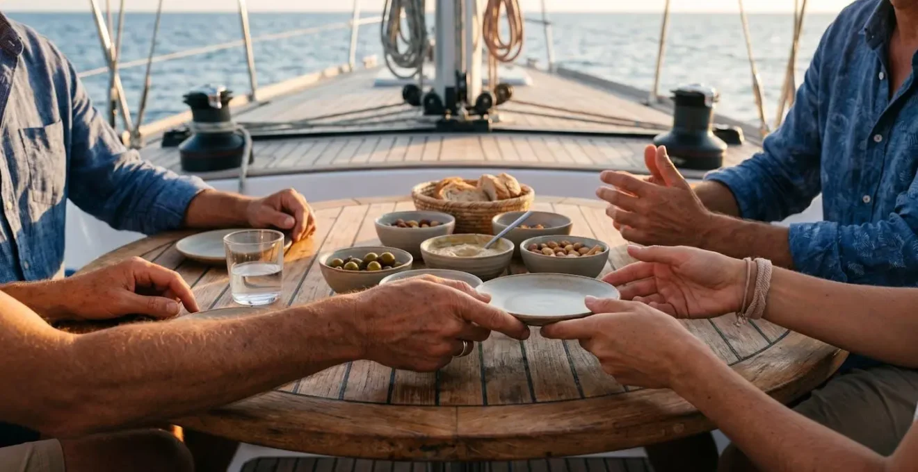 Moment de partage convivial entre skipper et équipage autour de la table de cockpit d'un voilier