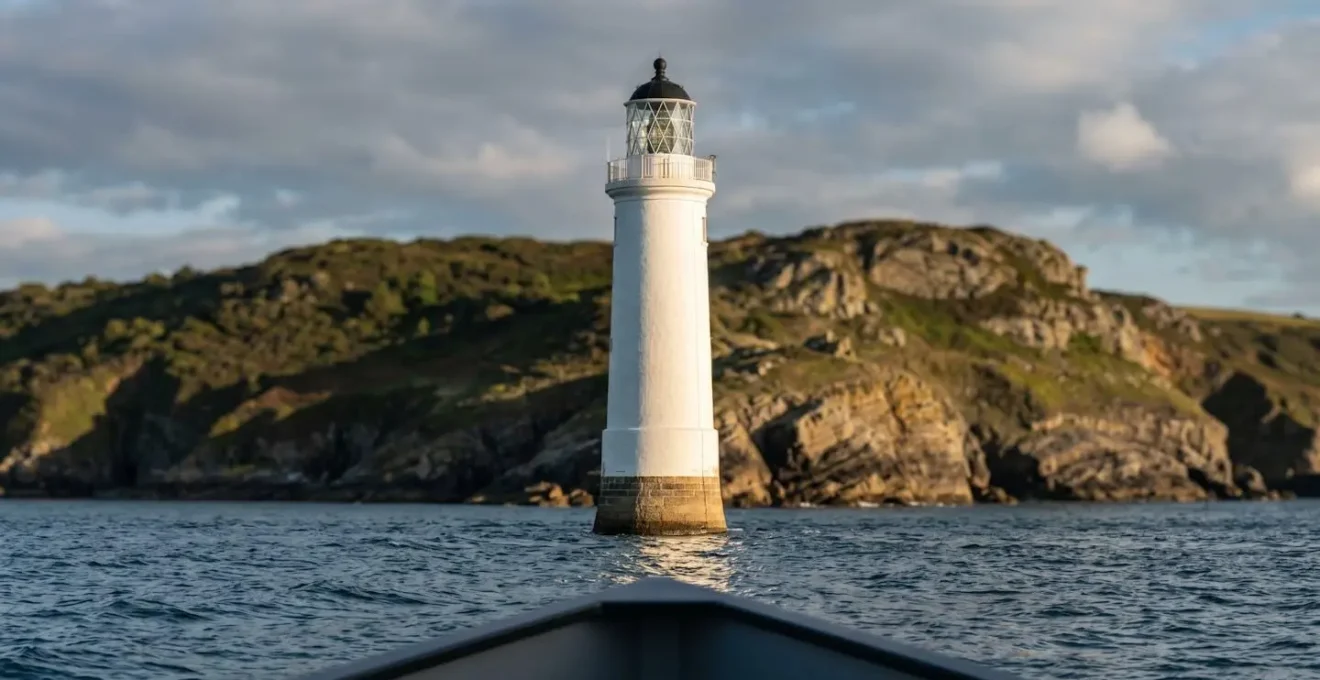 Phare côtier servant d'amer de navigation avec ligne d'horizon maritime