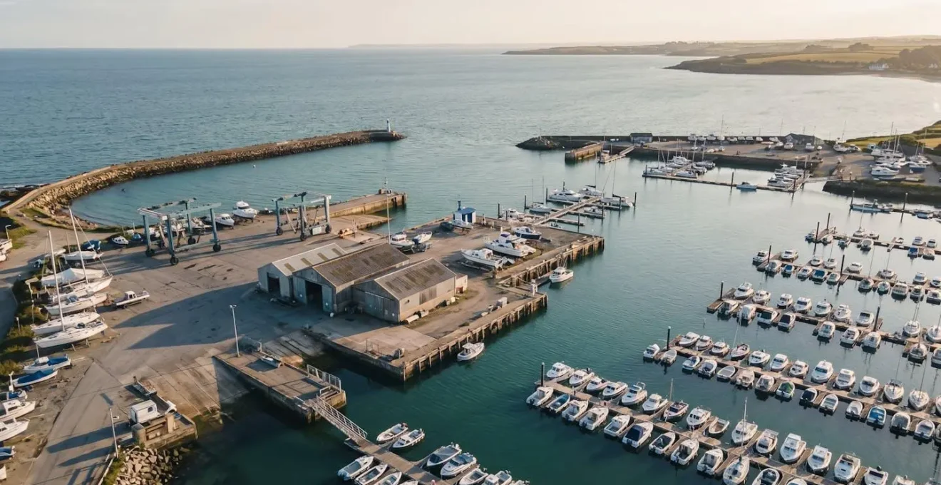 Vue aérienne grand angle d'un port maritime avec infrastructures de levage et zones de réparation