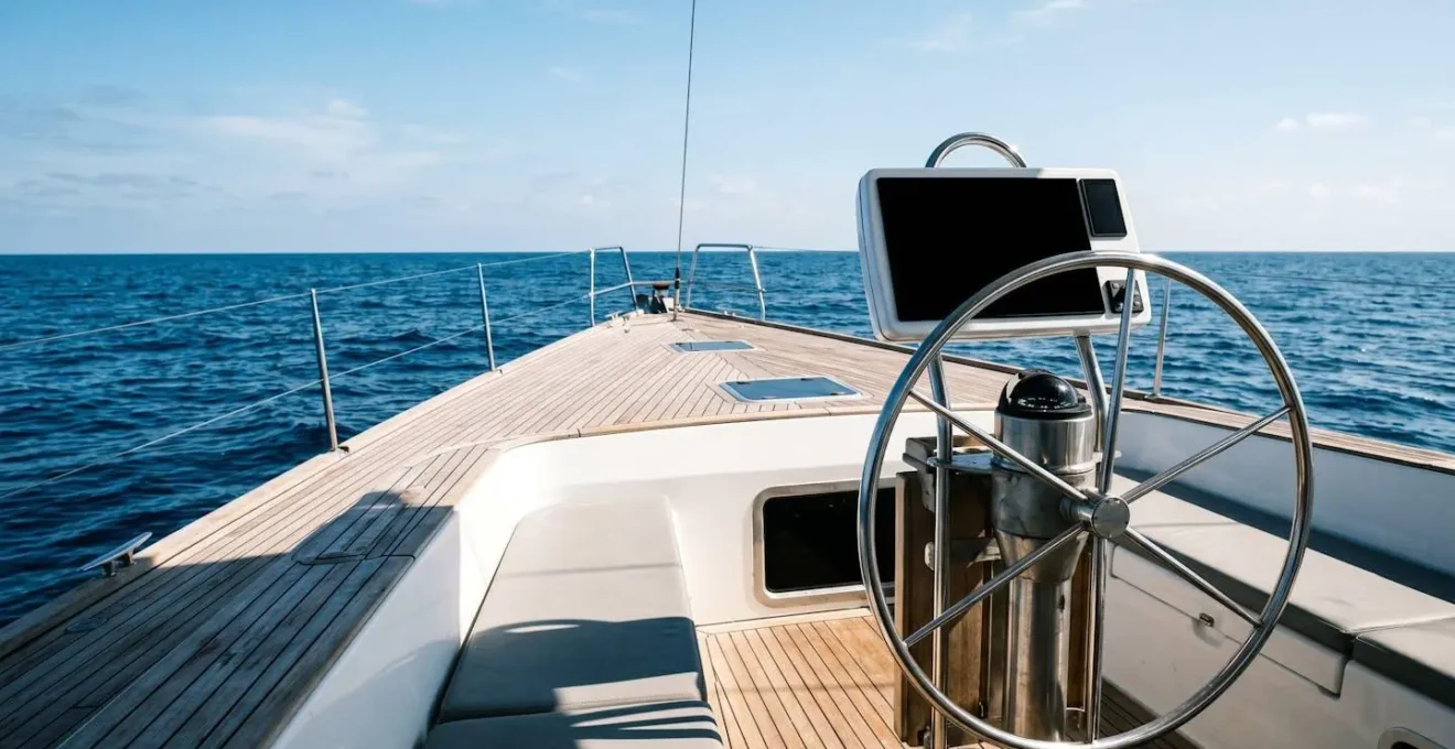 Poste de pilotage d'un voilier en pleine mer sous un soleil éclatant