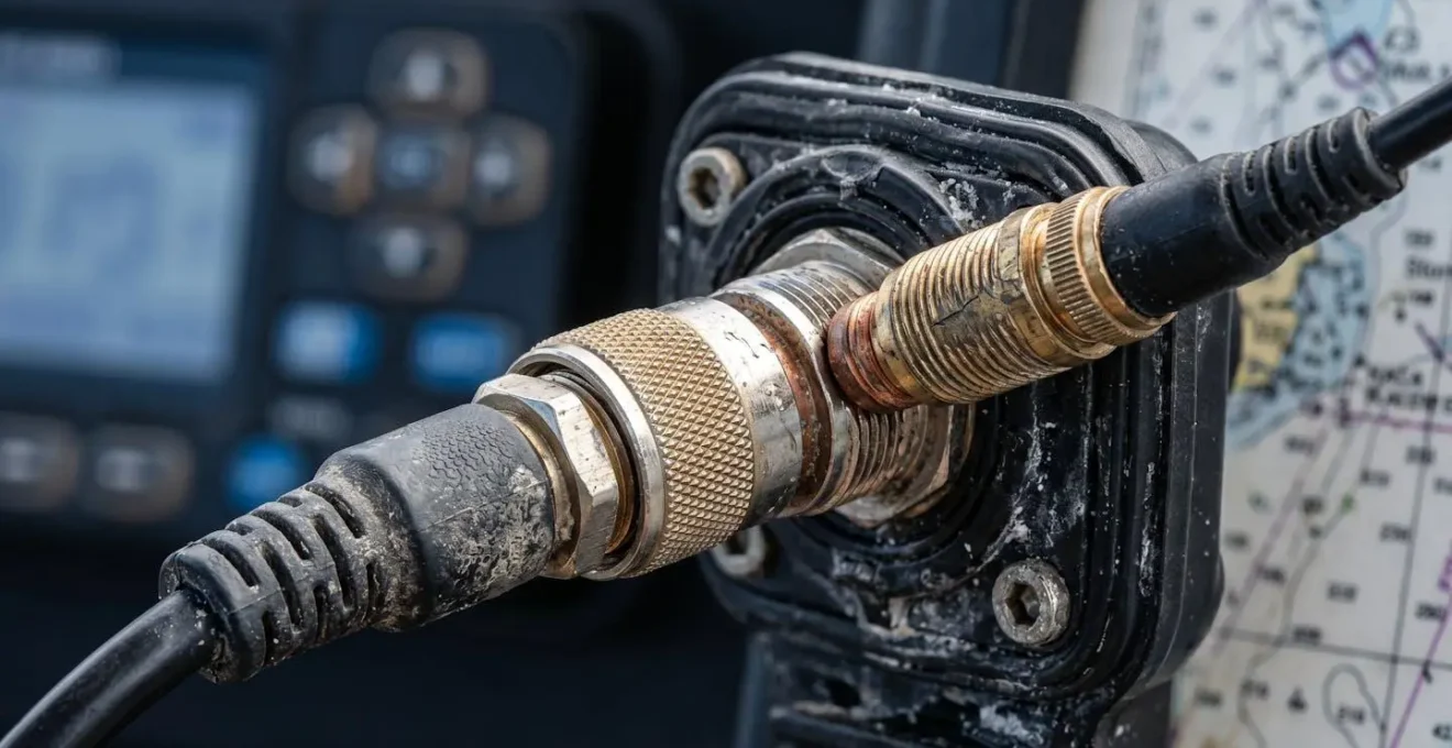 Gros plan sur interface VHF marine avec connexion GPS pour programmation MMSI de sécurité