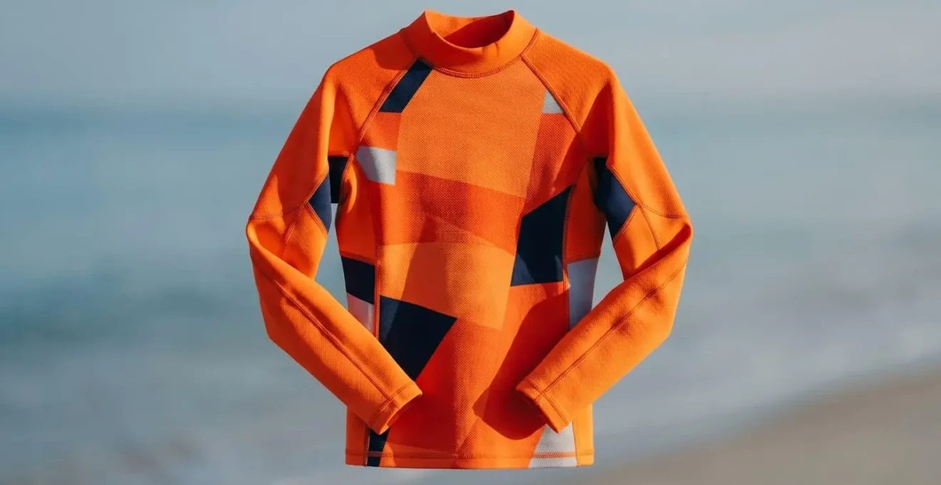 Rashguard de protection anti-UV orange fluorescent suspendu avec lumière naturelle révélant la texture du tissu technique lycra