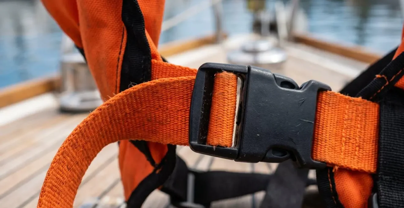 Détail des sangles de réglage d'un gilet de sauvetage avec focus sur la sangle sous-cutale