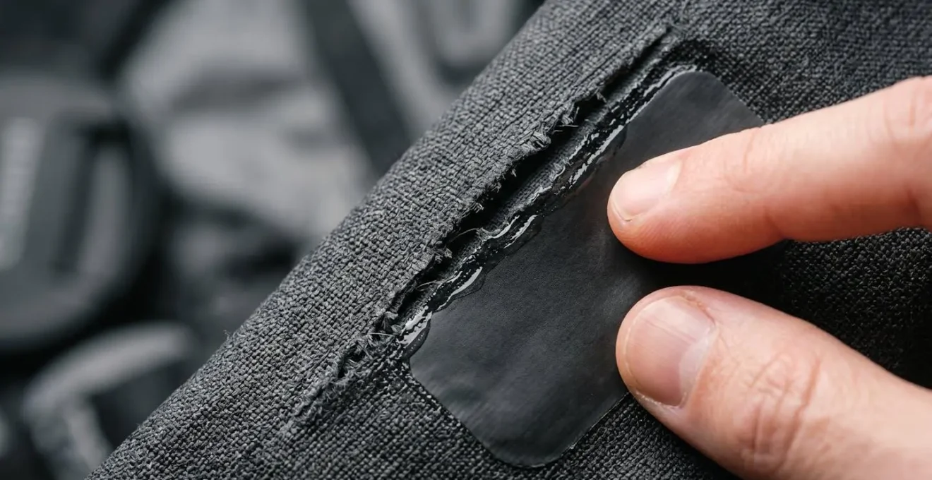 Patch de réparation Gore-Tex appliqué sur membrane imperméable technique