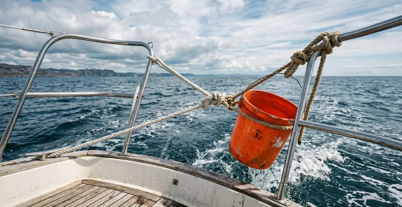 Dispositif improvisé de direction d'urgence avec seau et cordage sur tableau arrière de bateau