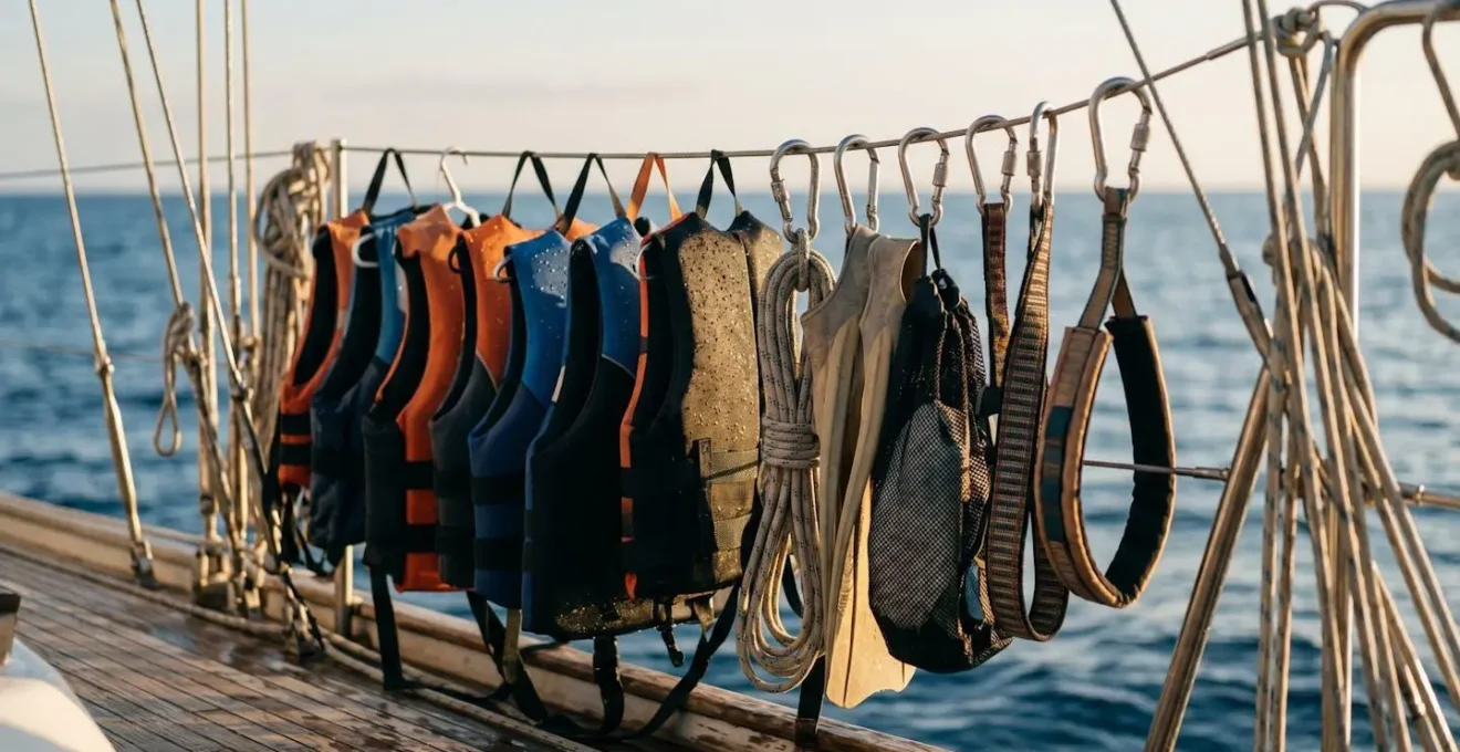 Station de séchage optimisée avec équipements nautiques suspendus sur filière de voilier en lumière naturelle