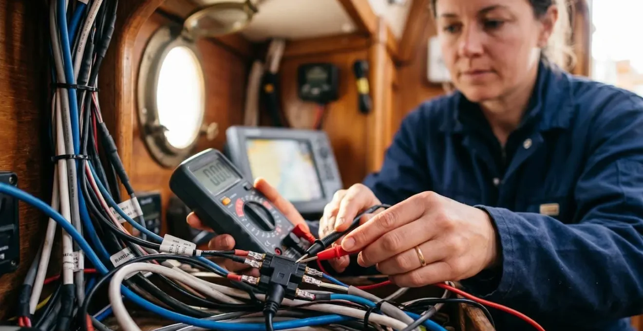 Technicien effectuant un diagnostic électrique sur un réseau NMEA 2000 avec un multimètre