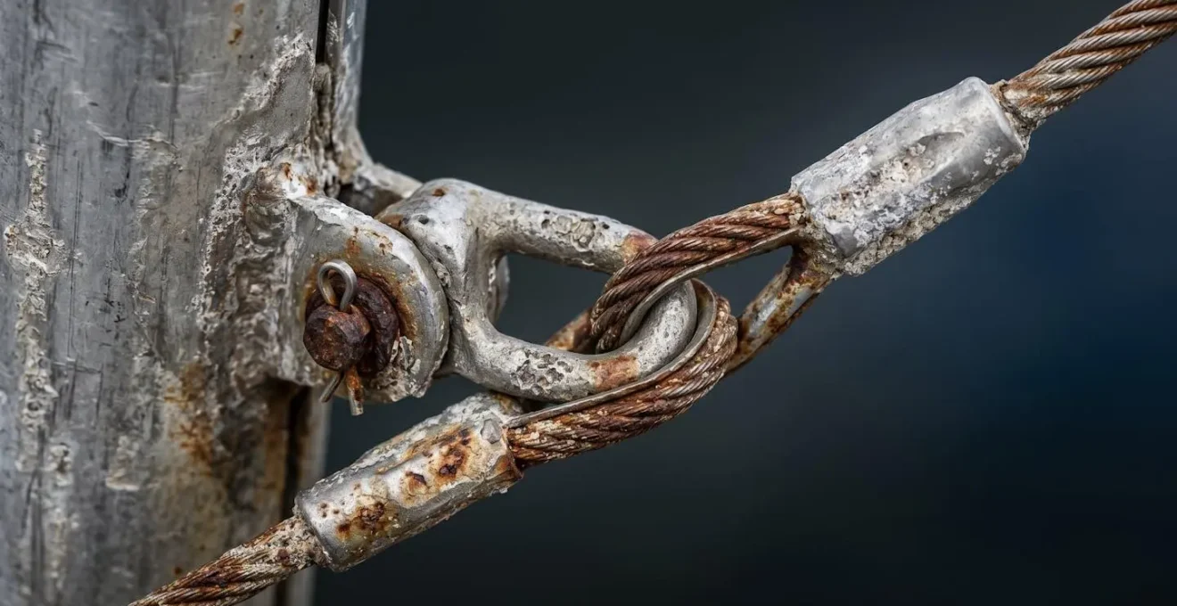Gros plan sur éléments de gréement usés et pièces de mât avec traces de vieillissement