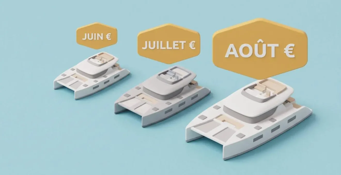 Illustration 3D isométrique de trois catamarans identiques avec étiquettes de prix de tailles croissantes représentant juin, juillet et août