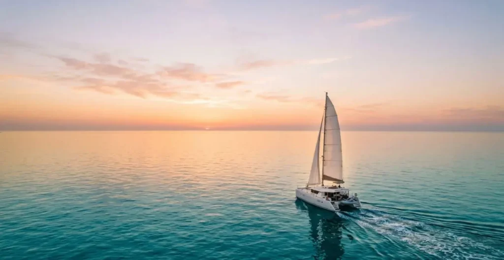 Catamaran blanc naviguant vers l'horizon doré au coucher du soleil avec voiles déployées sur eau turquoise calme