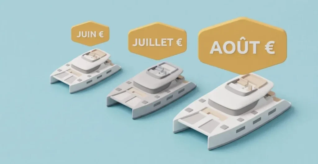 Illustration 3D isométrique de trois catamarans identiques avec étiquettes de prix de tailles croissantes représentant juin, juillet et août